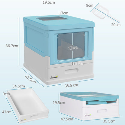 PawHut Hooded Cat Litter Box, Portable Pet Toilet, with Scoop, Front Entry - Light Blue