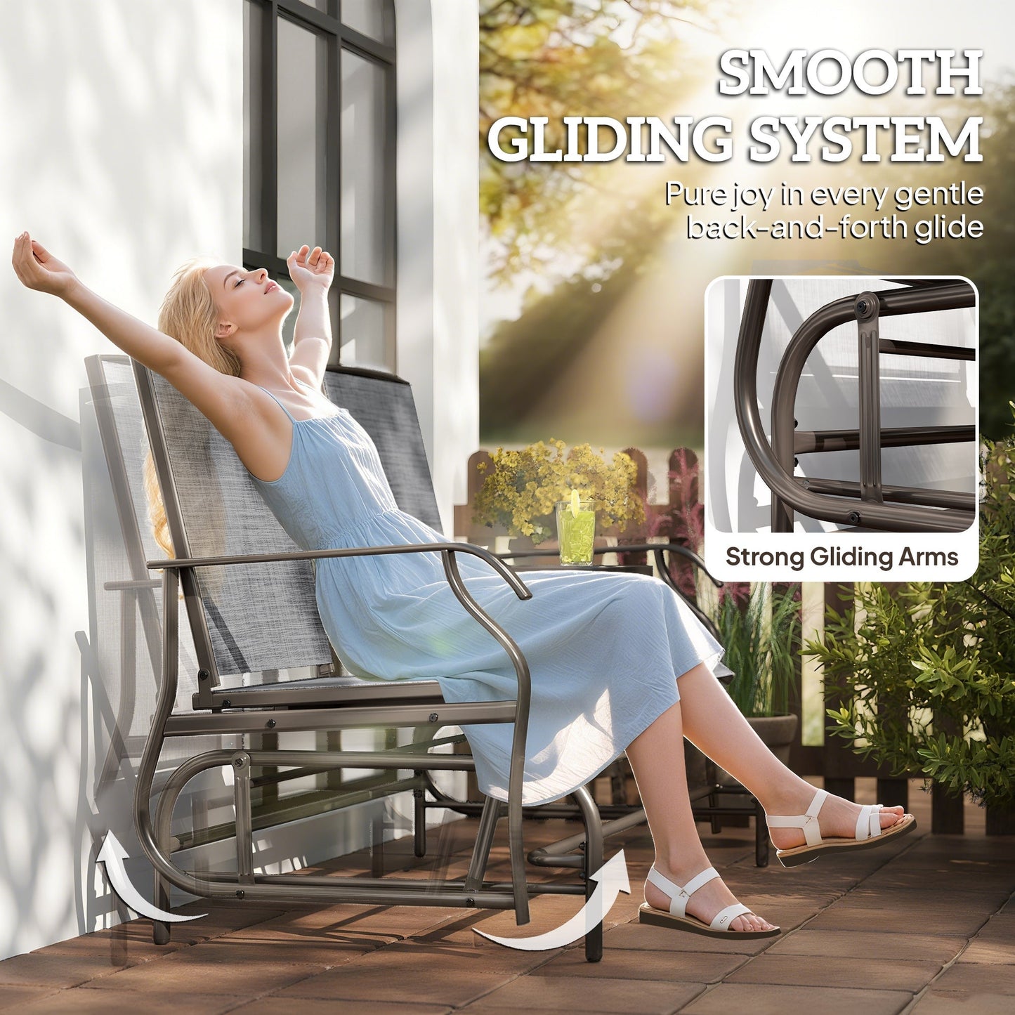 Outsunny 2 Seats Garden Glider Bench, Metal Frame Loveseat with Glass Top Centre Table, Porch Rocking Glider for 2 Person, for Deck, Patio, Brown/ Grey