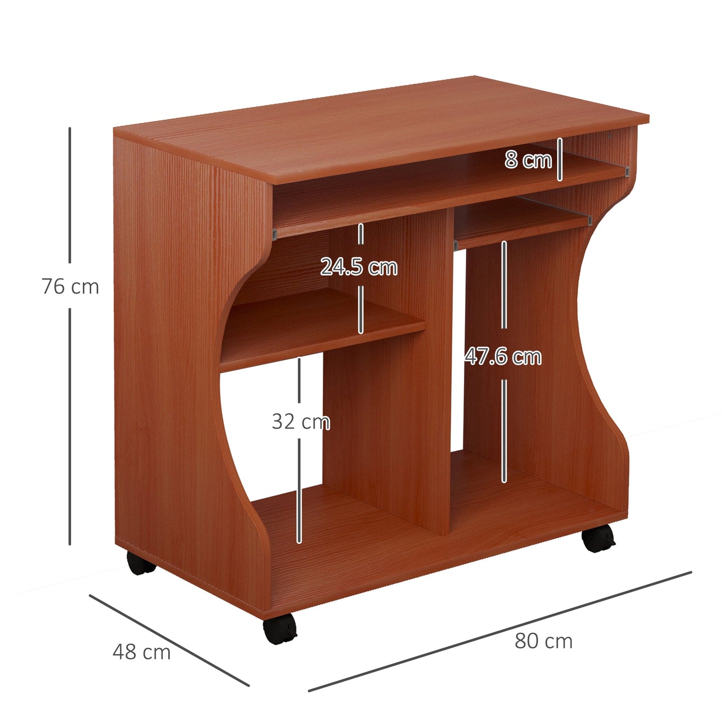 HOMCOM Movable Computer Desk with Sliding Keyboard Tray, PC Laptop Table with Storage Shelves, Workstation on Wheels, 80x48x76cm