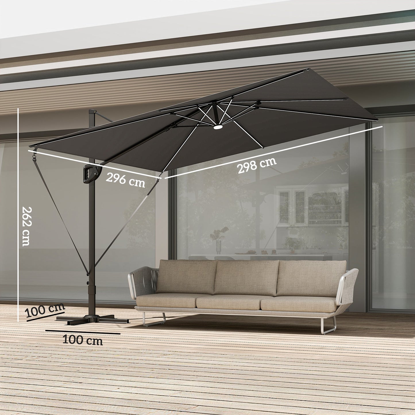 Outsunny 3 x 3 m Garden Cantilever Parasol w/ Light, Cover, UPF50+ Patio Umbrella w/ Wind Protection, 360Â° Rotation, Dark Grey