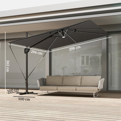 Outsunny 3 x 3 m Garden Cantilever Parasol w/ Light, Cover, UPF50+ Patio Umbrella w/ Wind Protection, 360Â° Rotation, Dark Grey