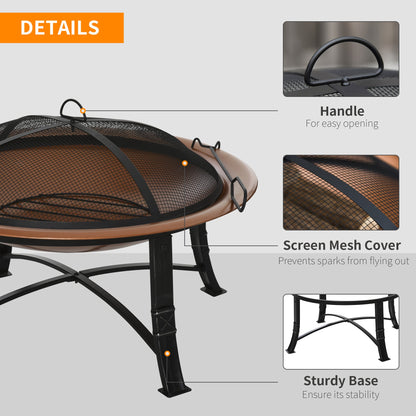 Outsunny 76cm Metal Large Firepit Bowl Outdoor Round Fire Pit w/ Lid, Log Grate, Poker for Backyard, Camping, Picnic, Bonfire, Wood Burning Stove, Bronze