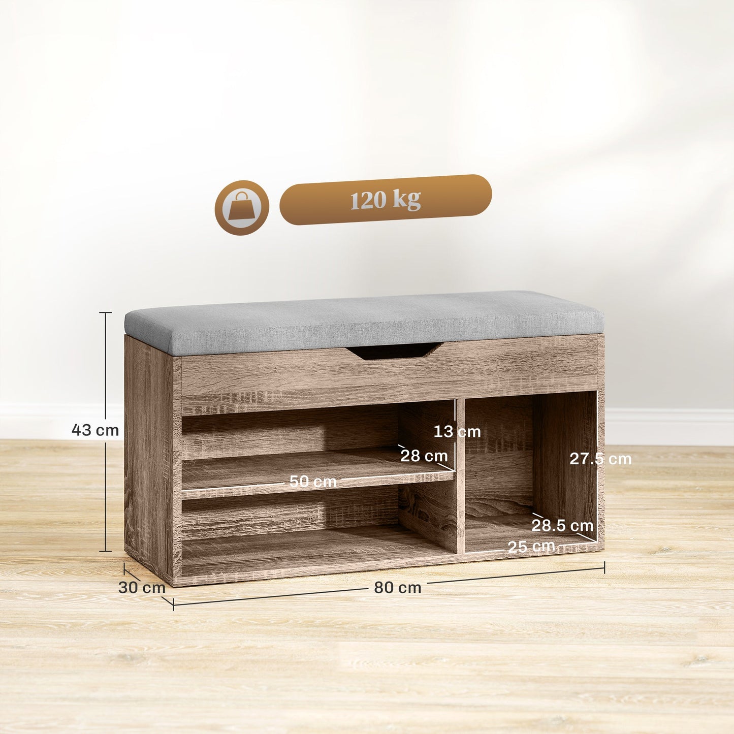 HOMCOM Shoes Cabinet Bench Hidden Storage Padded Seat Organiser Footwear Rack Hallway Grey Wood Grain