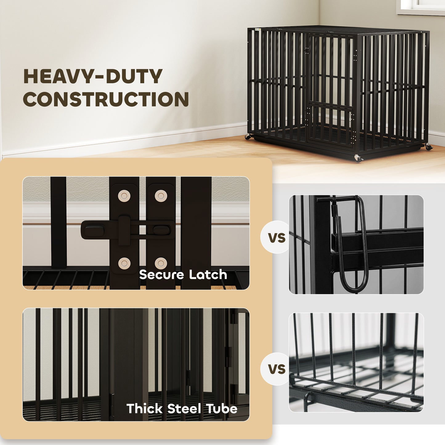 PawHut Heavy Duty Dog Crate, Dog Cage with Wheels for Extra Large Breeds, Metal Pet Kennel with Removable Tray