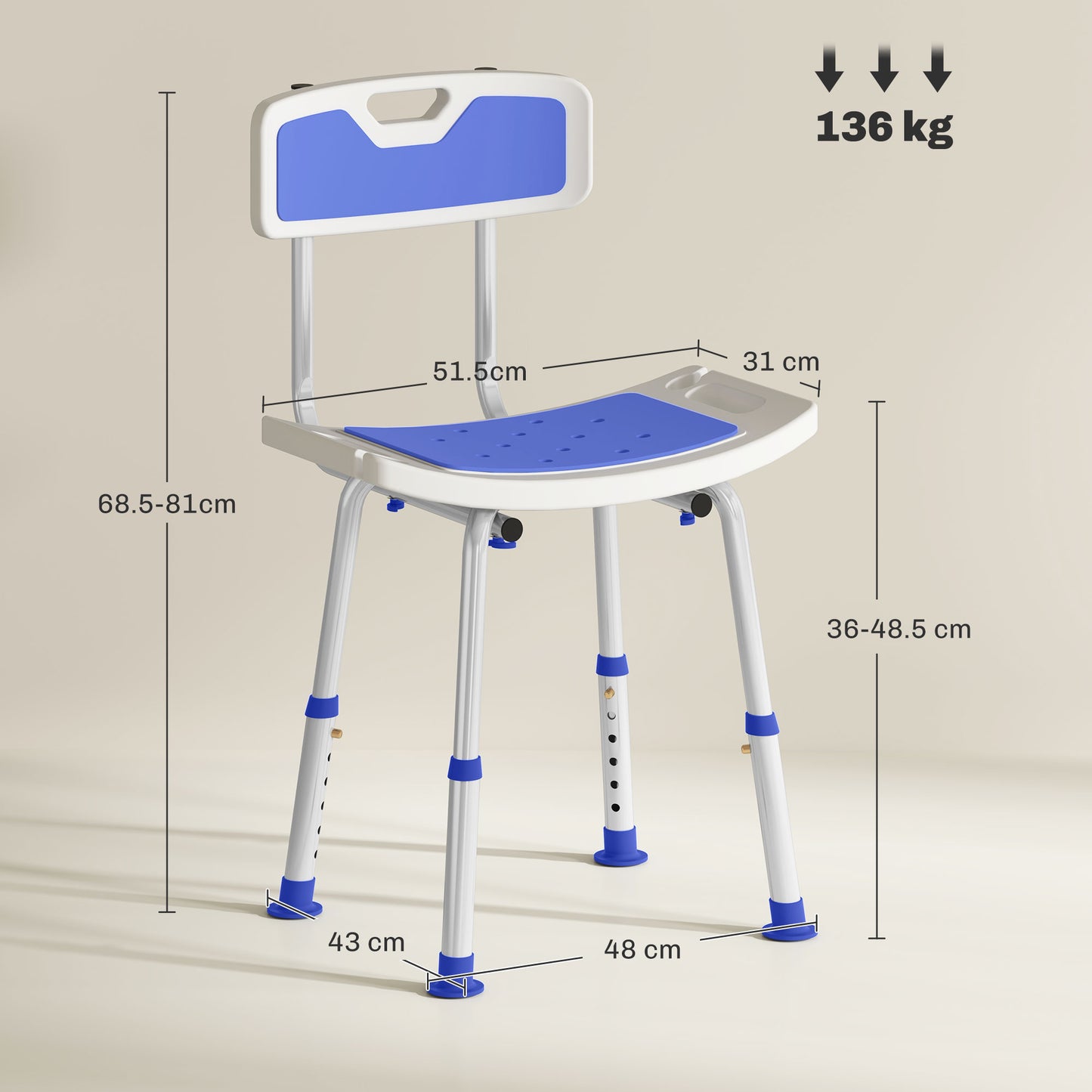 HOMCOM Shower Stool with Backrest, Height Adjustable Shower Chair with Anti-slip Foot Pads, Shower Head Holder, Blue