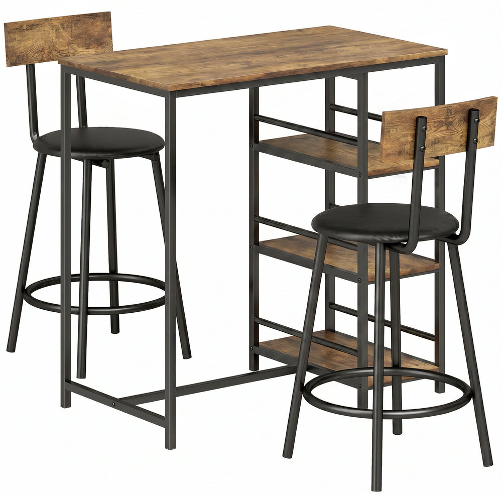 HOMCOM Space Saving Bar Table and PU Leather Stools for 2, 3 Piece Breakfast Bar Table Set with Storage Shelves, Rustic Brown