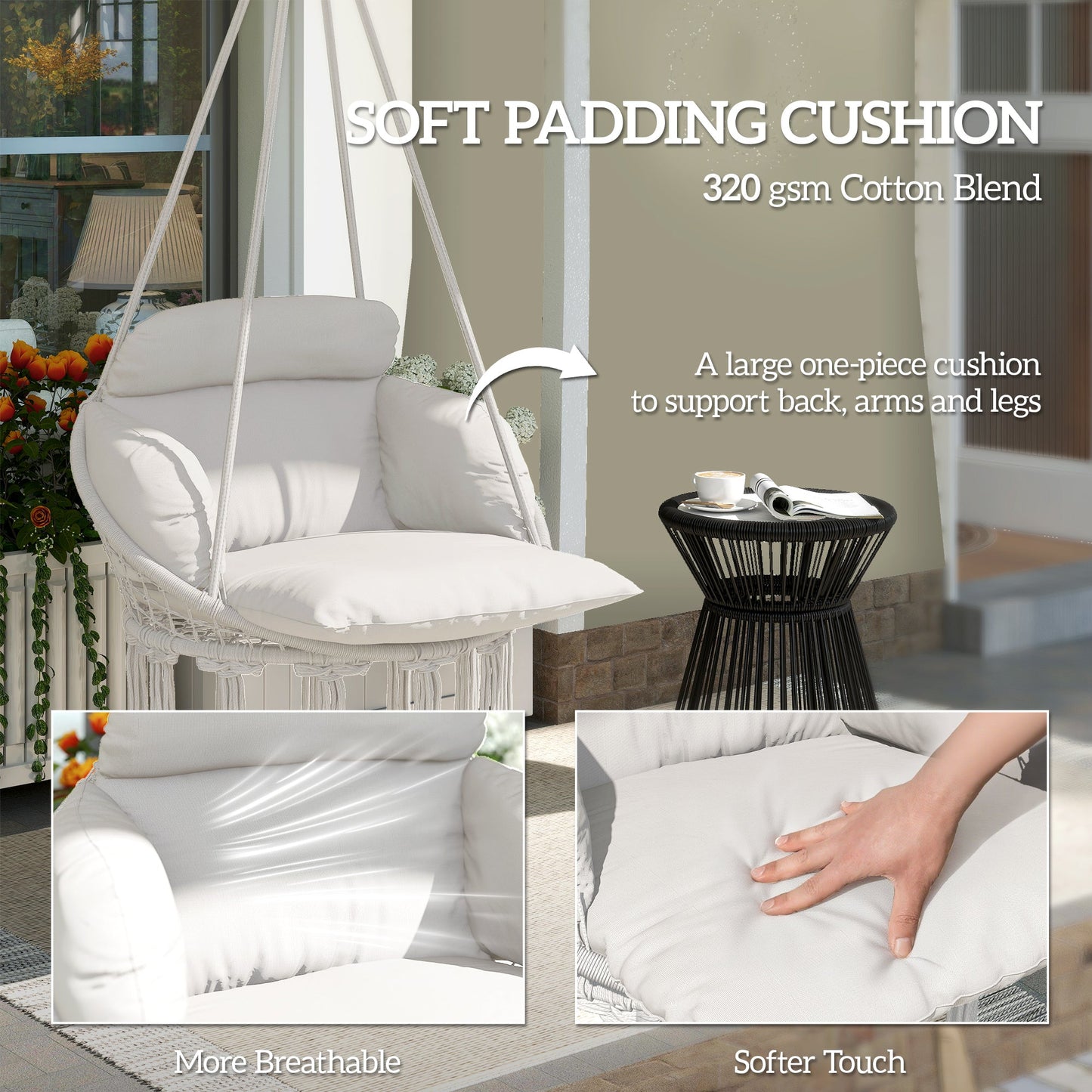 Outsunny Hanging Chair Outdoor Hammock Chair with Soft Cushion, Cotton Rope Boho Style Swing Chair, Hanging Garden Swing Seat for Indoor Outdoor, Cream White