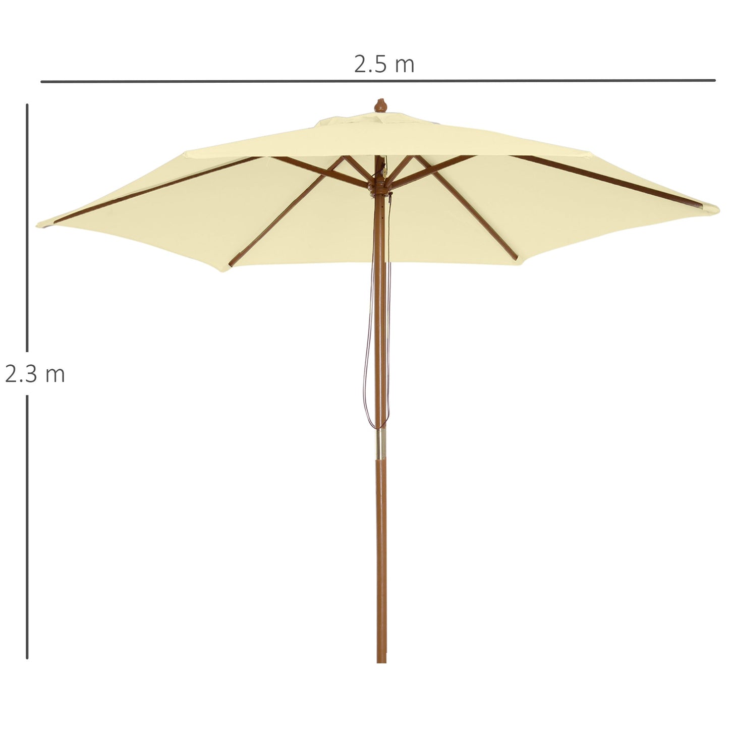 Outsunny 2.5m Wood Garden Parasol Sun Shade Patio Outdoor Wooden Umbrella Canopy, Table Market Umbrella with Vent, 38mm Pole, Rope Pulley Mechanism, Cream White