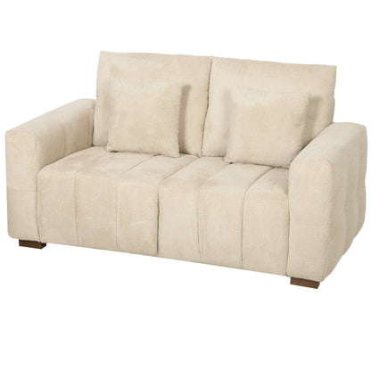 HOMCOM 2 Seater Sofa, Upholstered Velvet Small Couch for Bedroom with Pillows, Modern Sofa Settee with Padded Cushion and Wood Legs for Living Room, Cream White