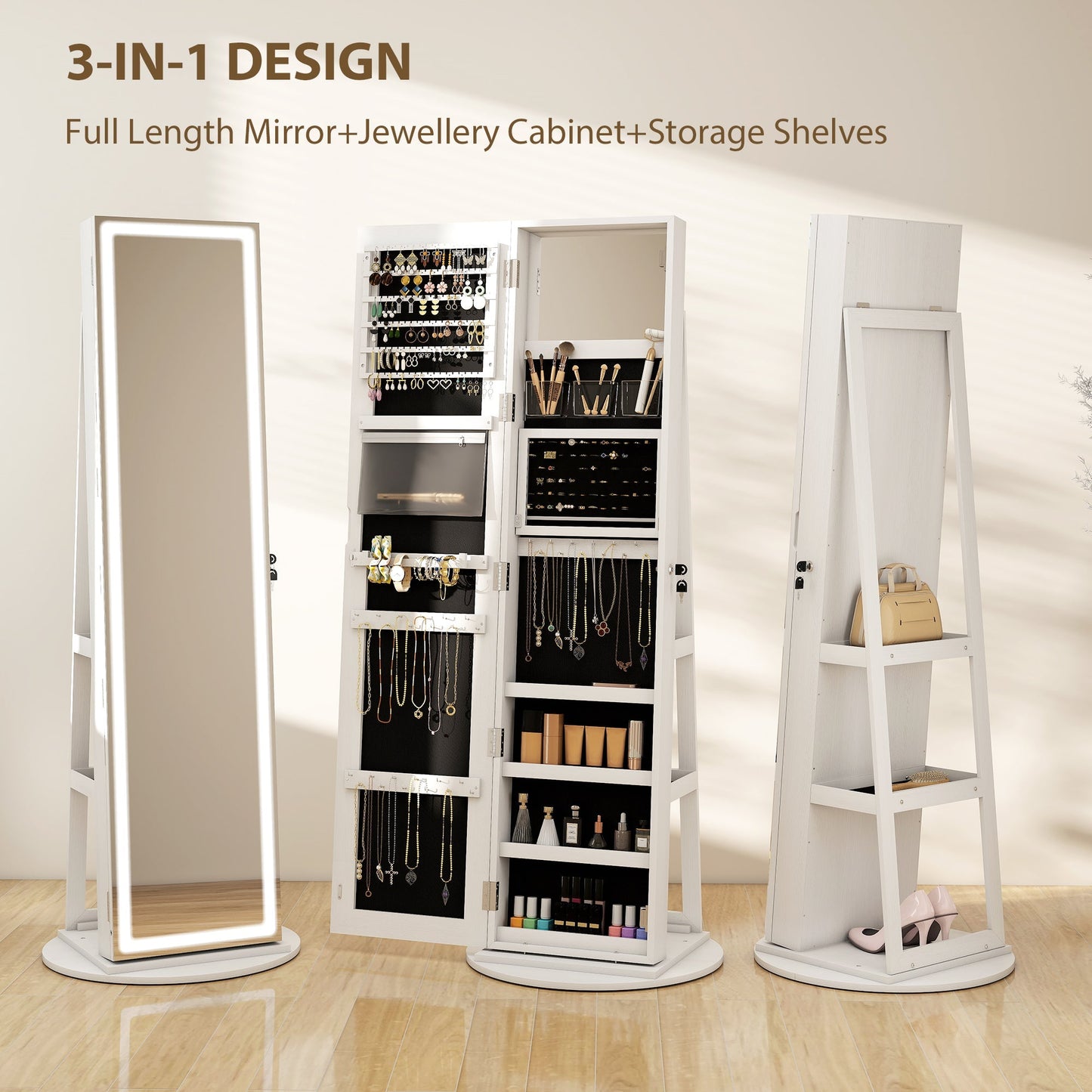 HOMCOM Storage Jewellery Cabinet, with Mirror and Lights - White