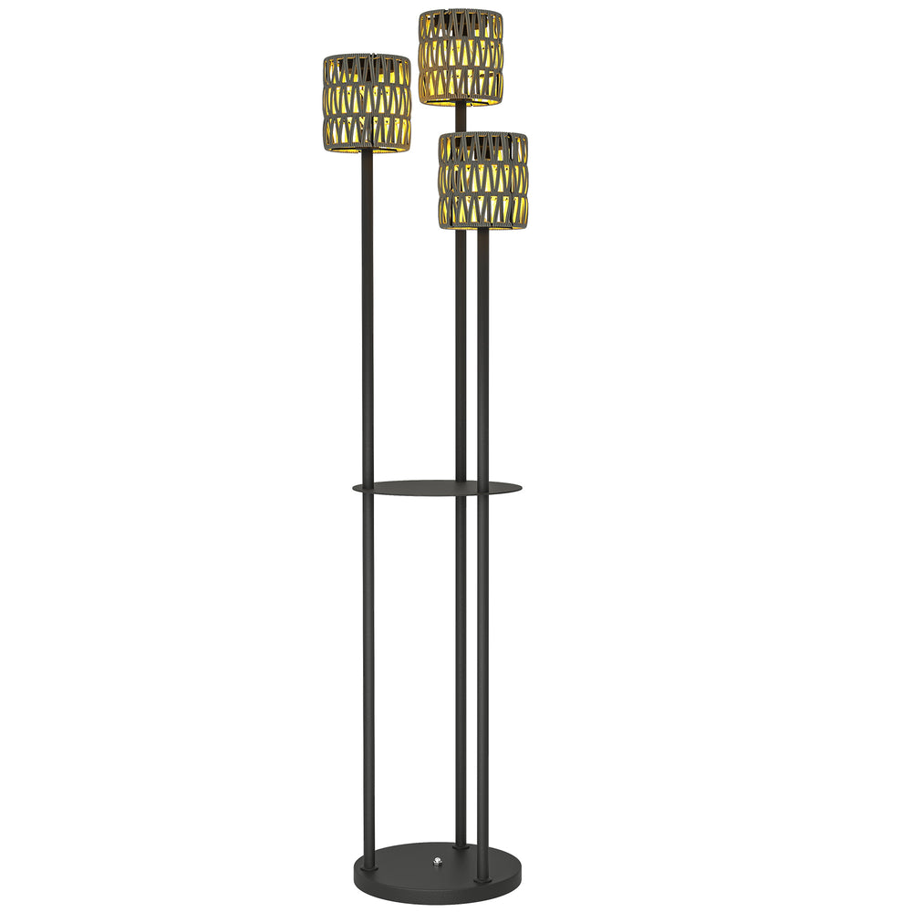 Outsunny Boho Rattan Floor Lamp, 3-Lights Rattan Lamp with Shelf, Freestanding Solar Garden Light with Auto On/Off Lights, Grey