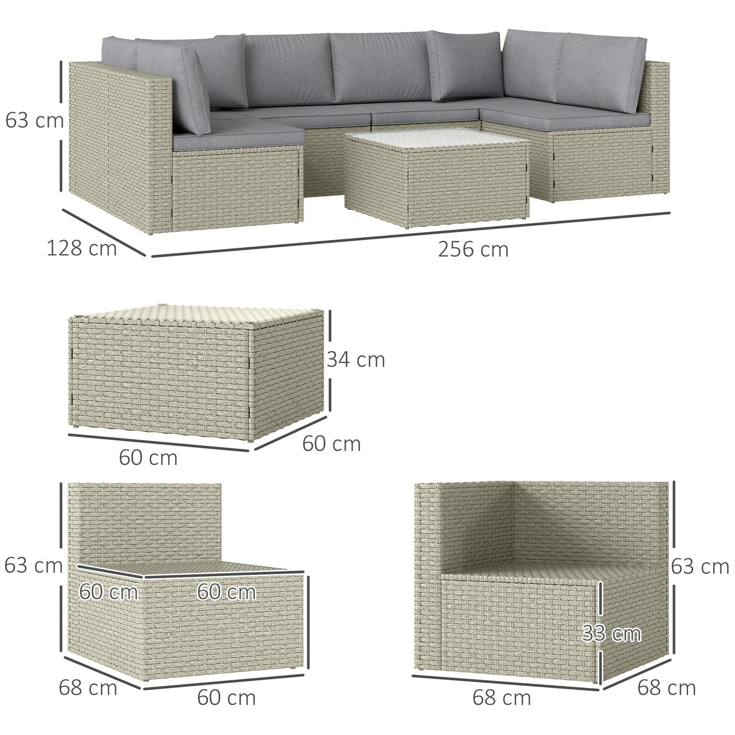 Outsunny Seven-Piece Modular Rattan Set - Light Brown