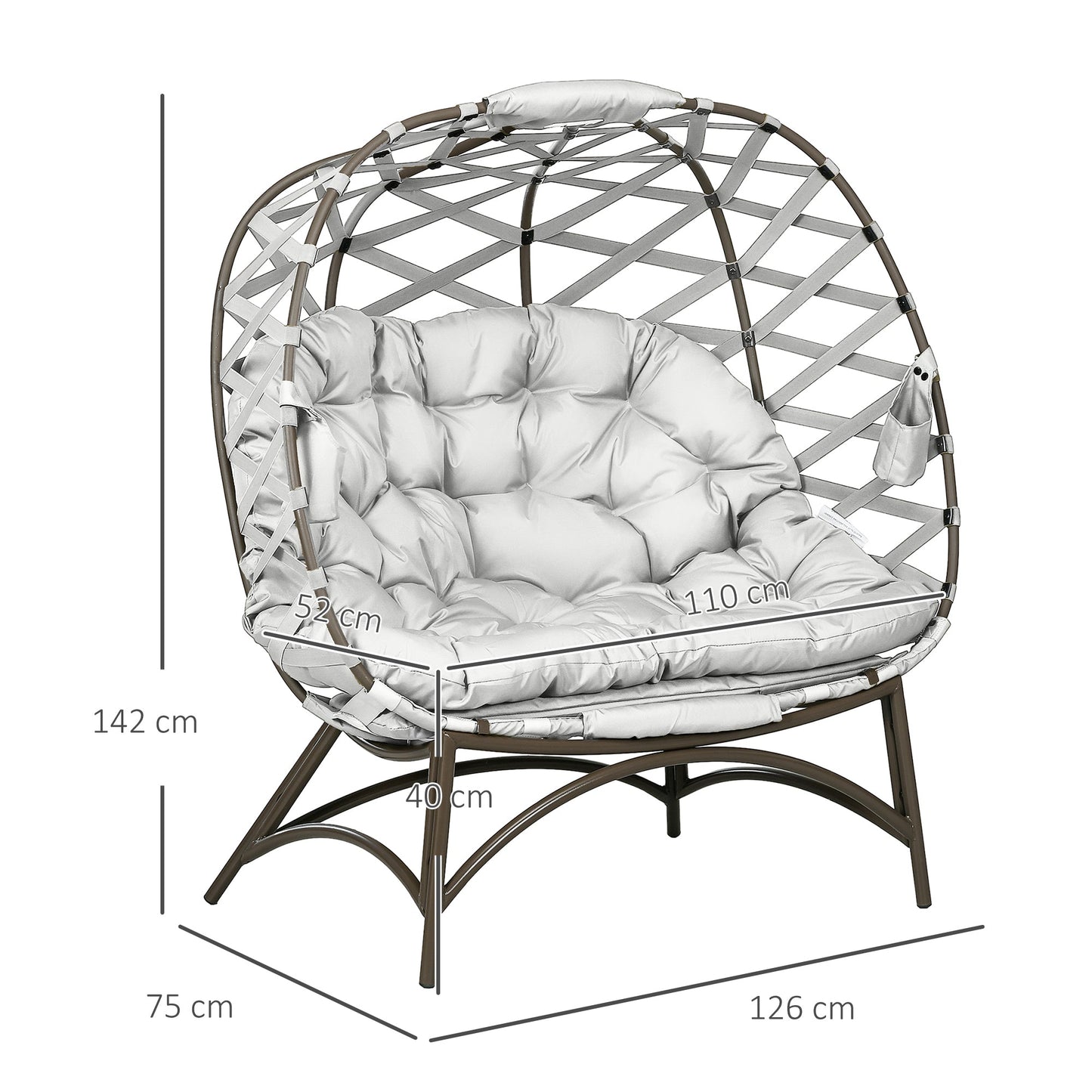 Outsunny 2 Seater Egg Chair Outdoor, Folding Weave Garden Furniture Chair with Cushion, Cup Pockets - Light Grey