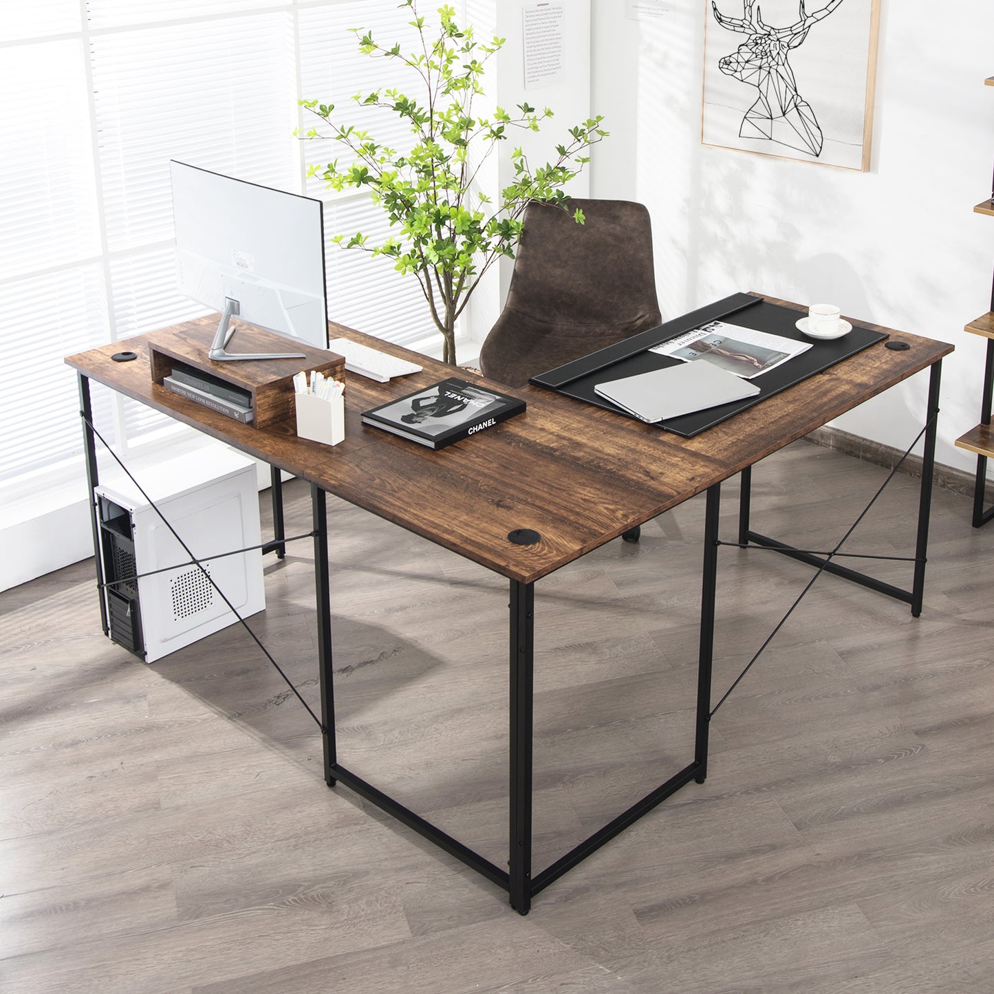 Reversible Corner Study Workstation and Writing Desk with Monitor Stand-Rustic Brown