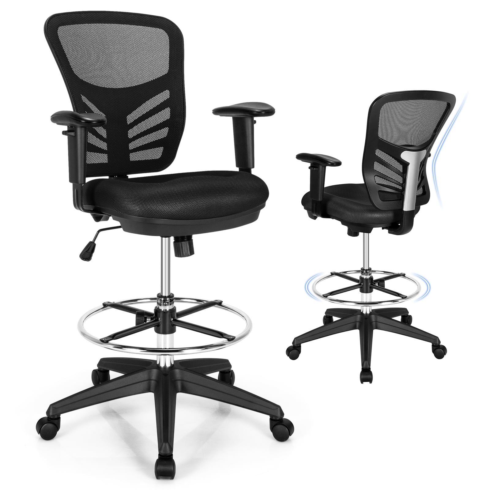 Mesh Drafting Chair with Adjustable Footrest-Black