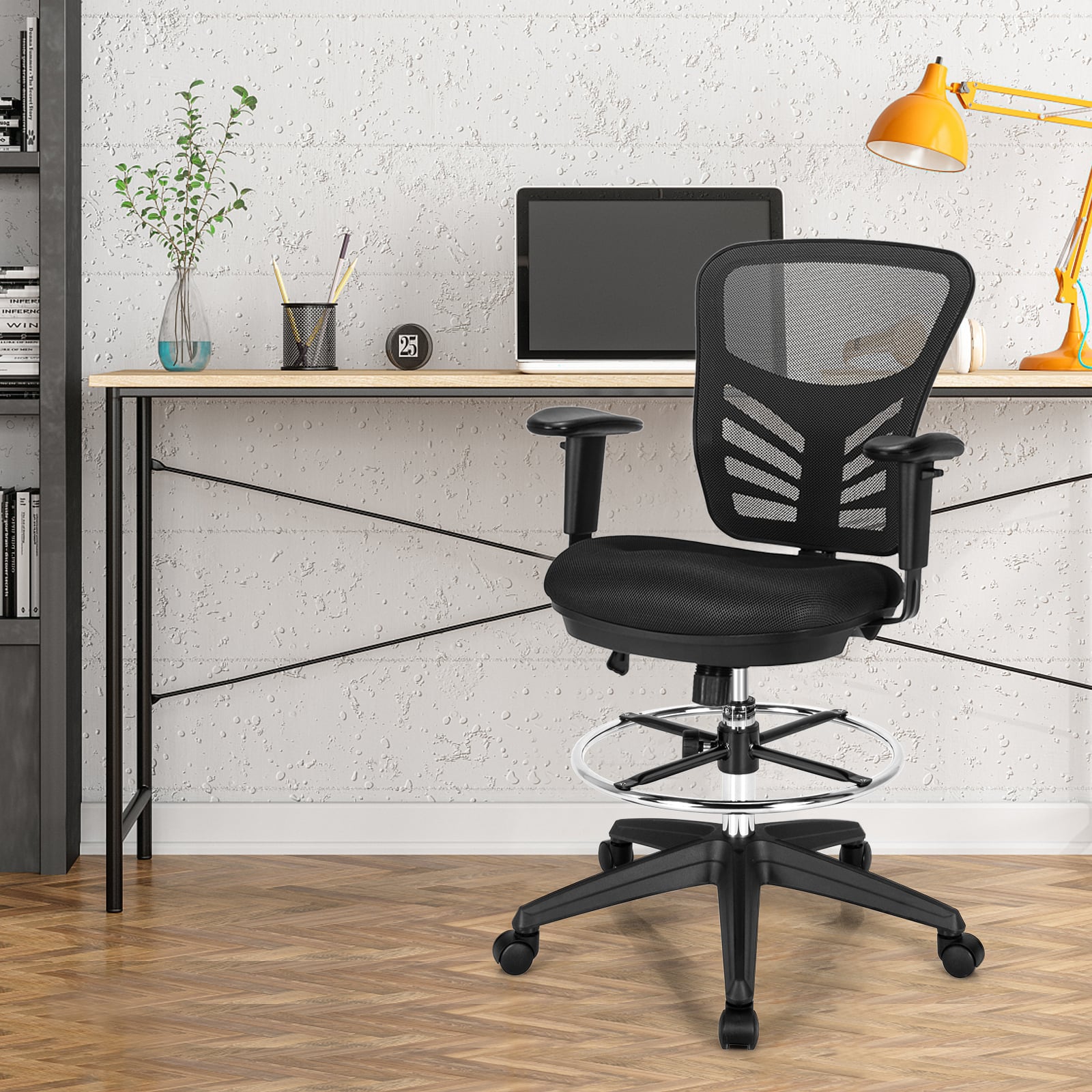 Mesh Drafting Chair with Adjustable Footrest-Black