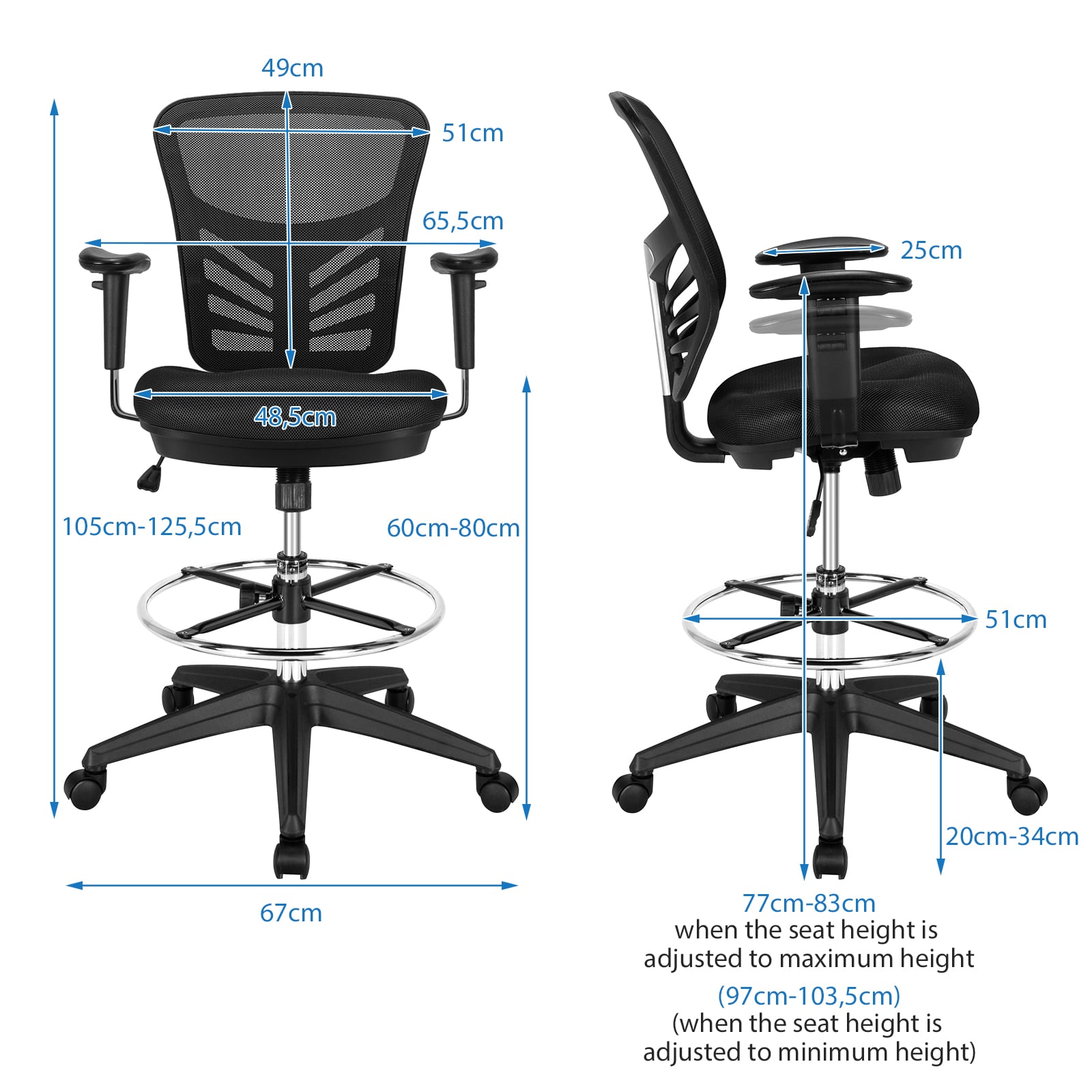 Mesh Drafting Chair with Adjustable Footrest-Black