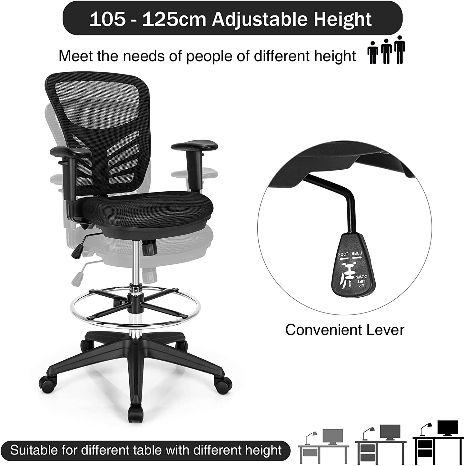 Mesh Drafting Chair with Adjustable Footrest-Black