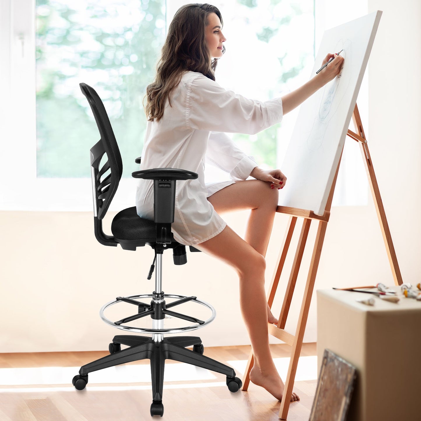 Mesh Drafting Chair with Adjustable Footrest-Black