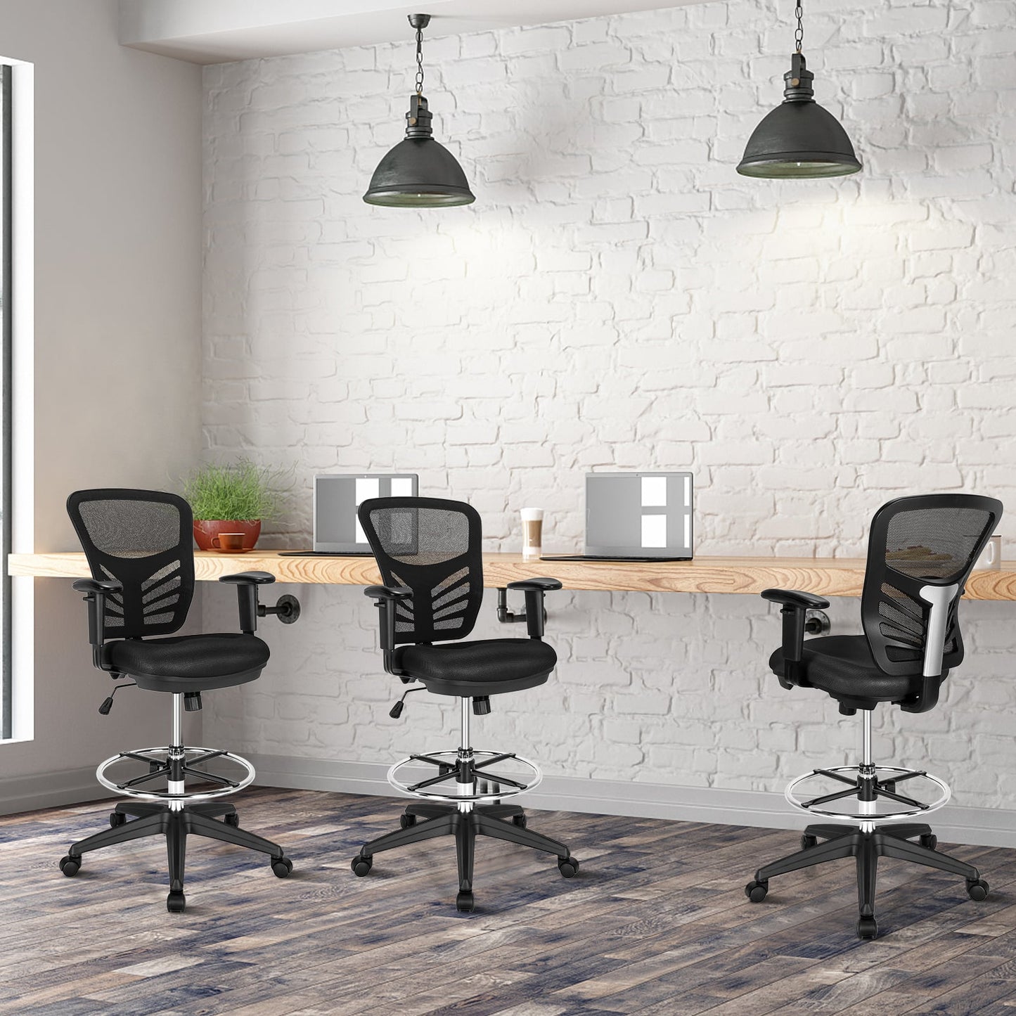 Mesh Drafting Chair with Adjustable Footrest-Black