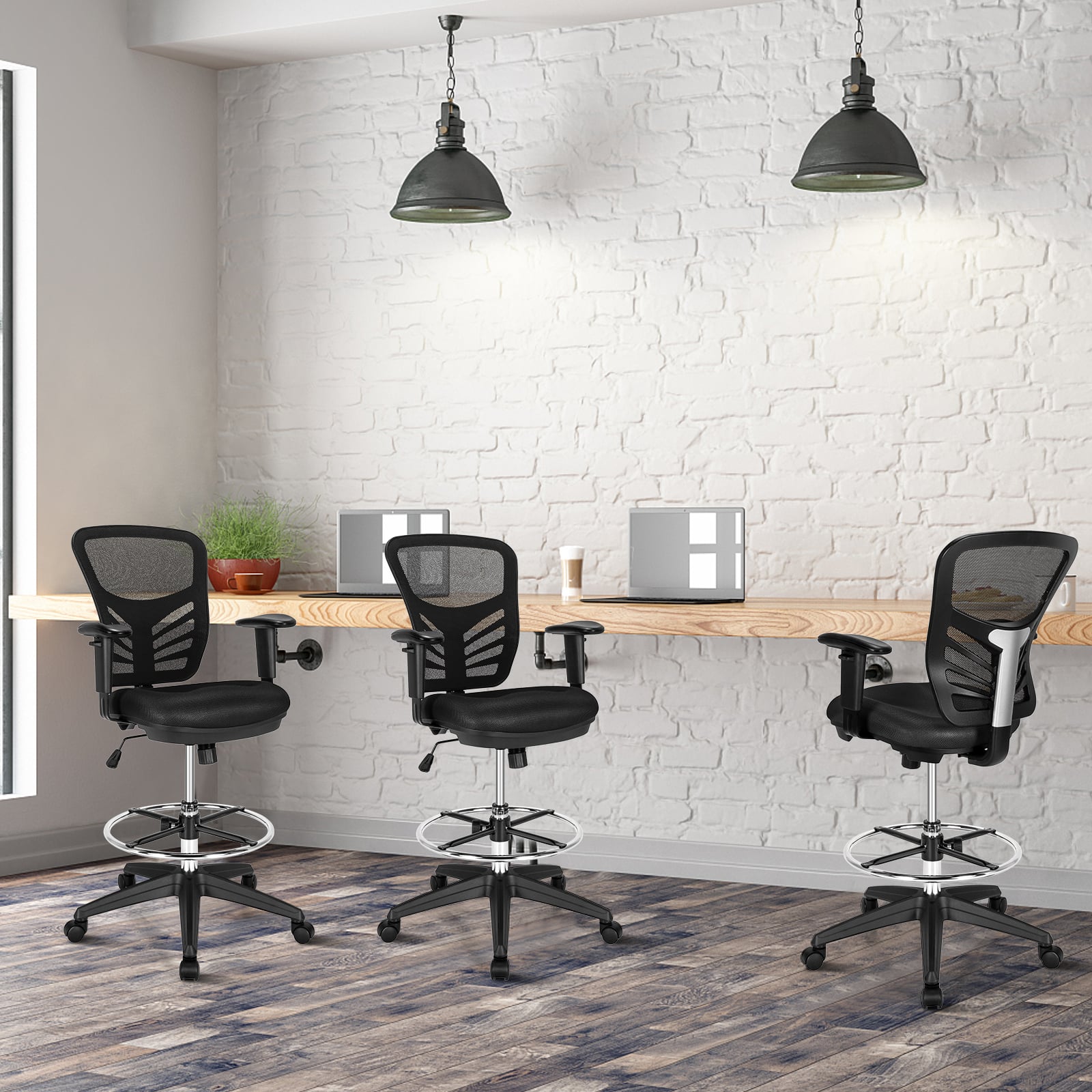 Mesh Drafting Chair with Adjustable Footrest-Black