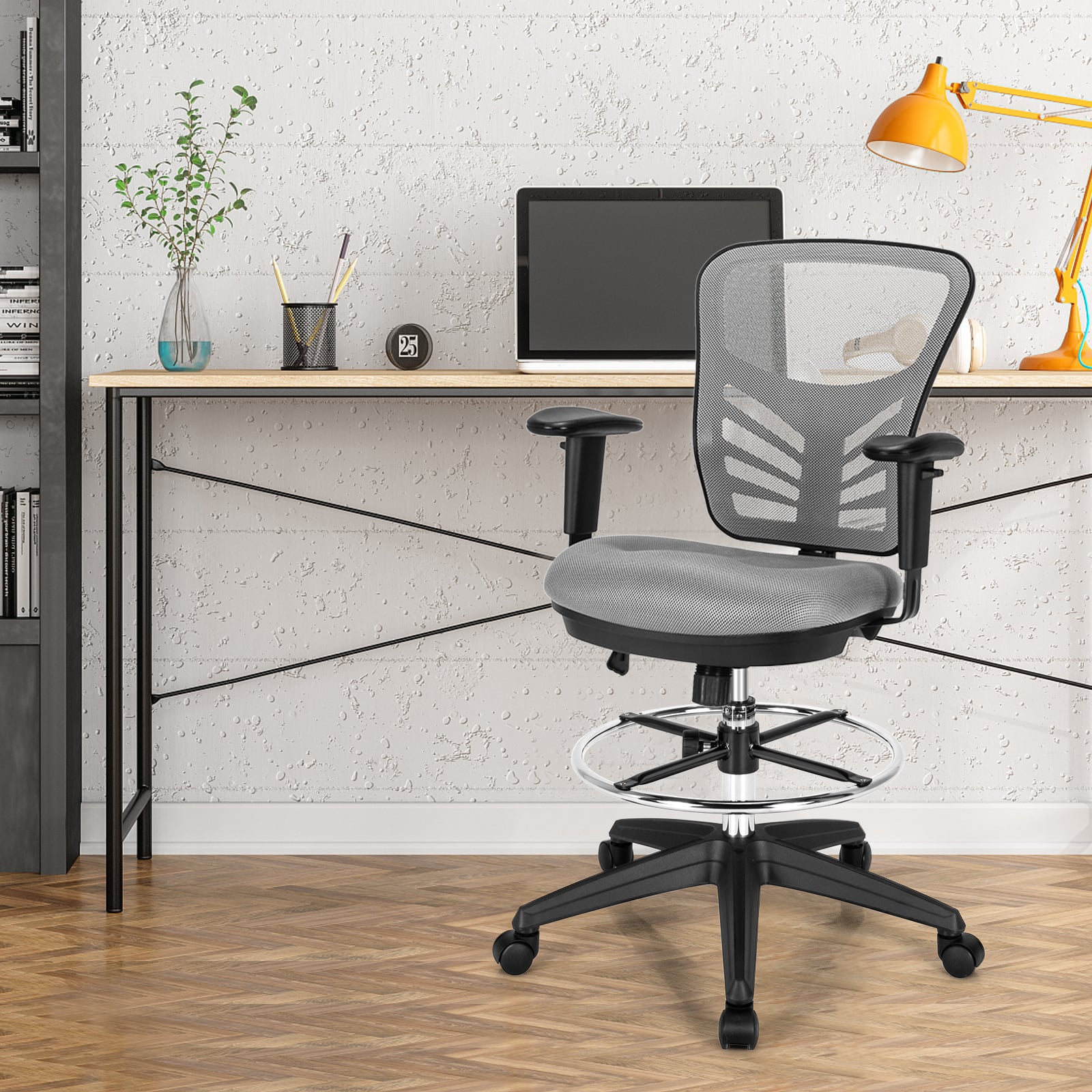 Mesh Drafting Chair with Adjustable Footrest-Grey