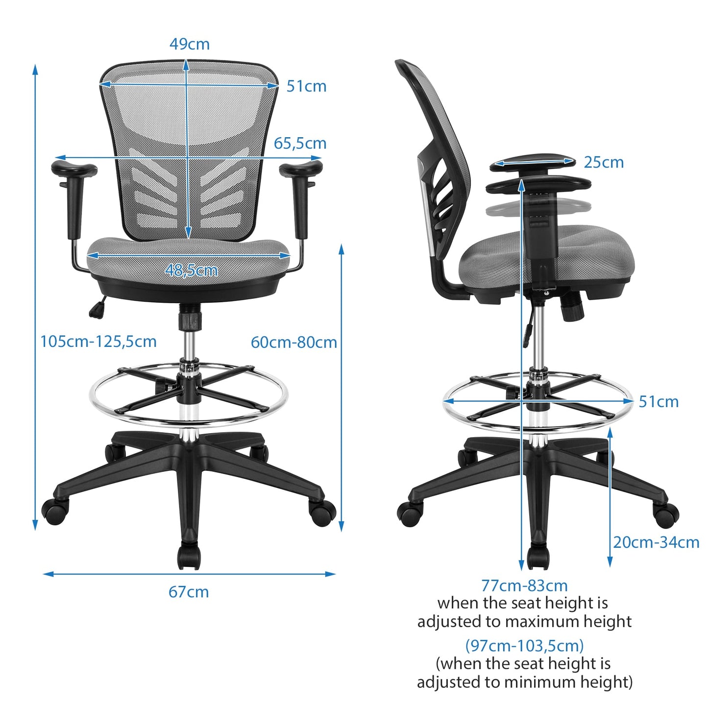 Mesh Drafting Chair with Adjustable Footrest-Grey