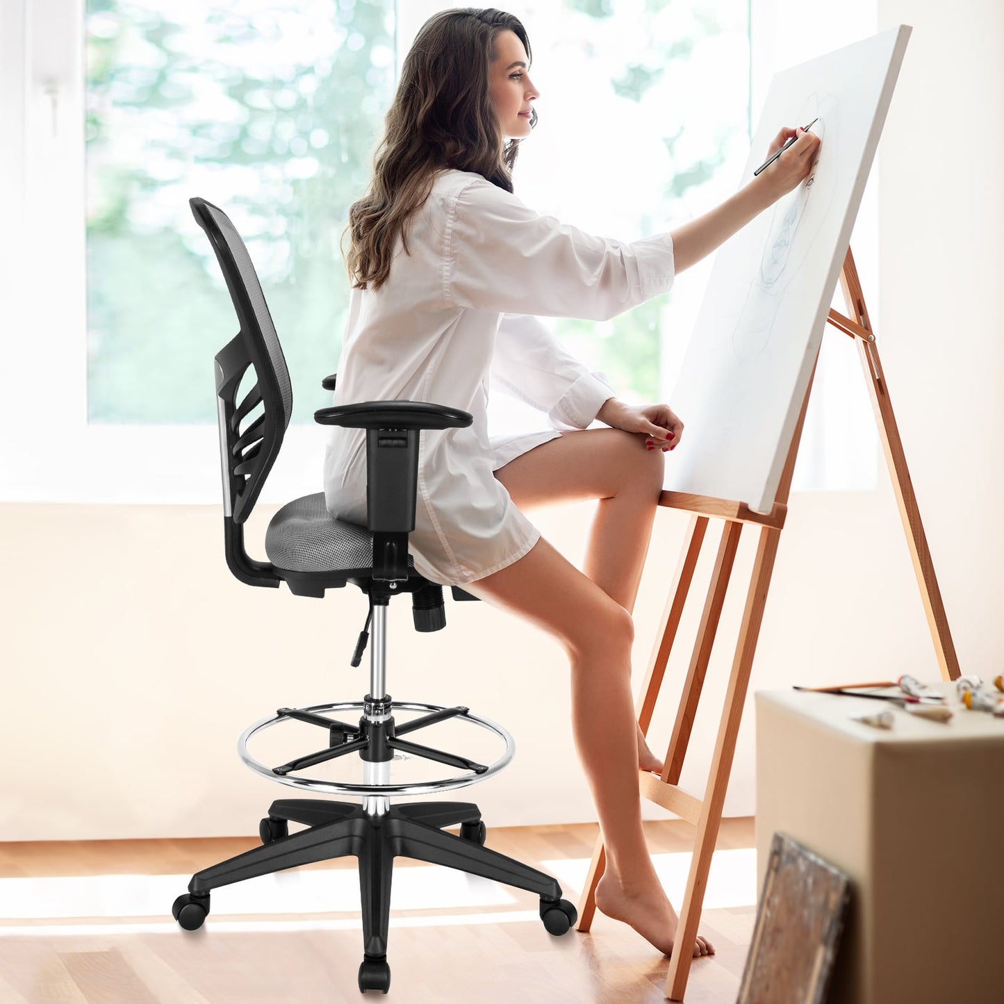 Mesh Drafting Chair with Adjustable Footrest-Grey
