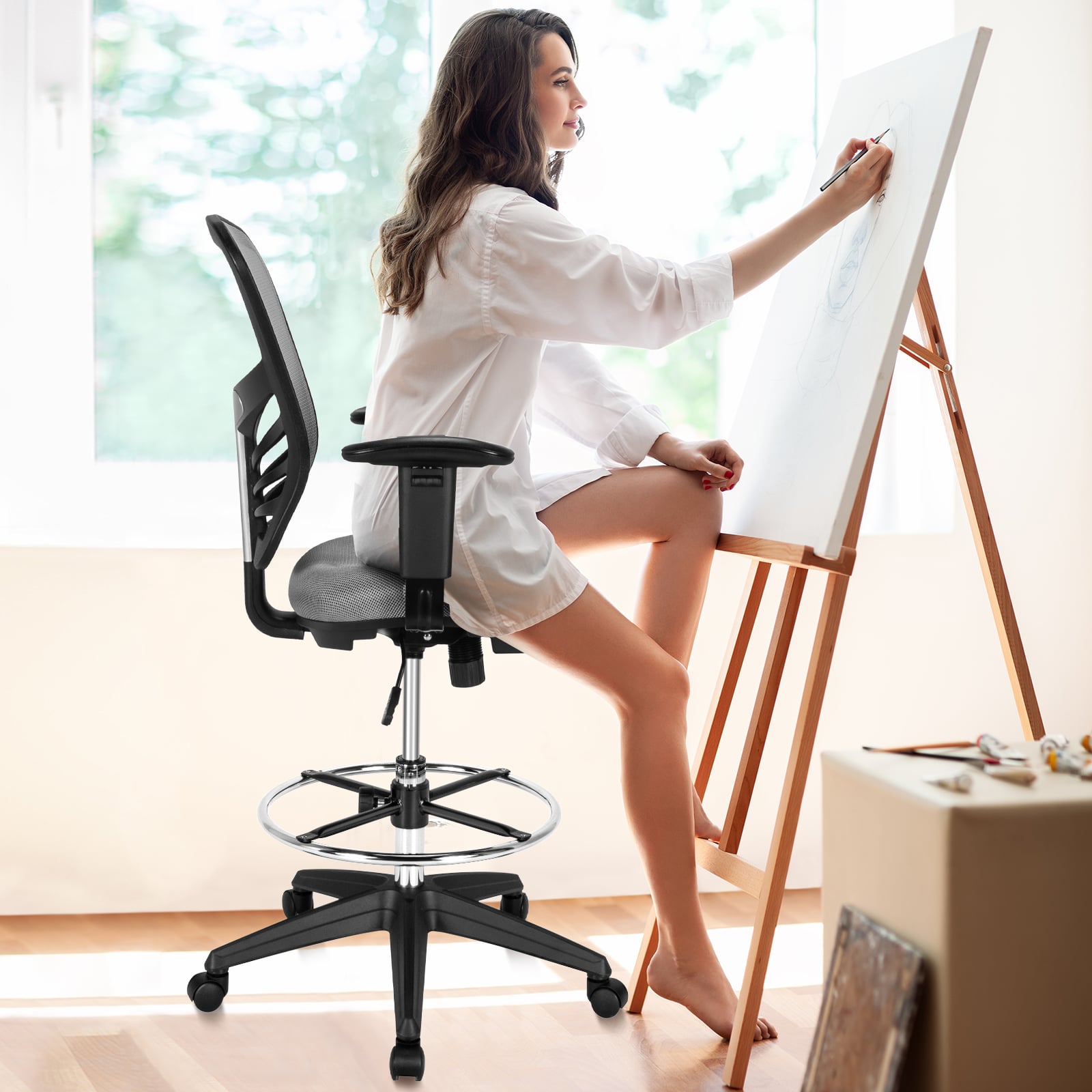 Mesh Drafting Chair with Adjustable Footrest-Grey