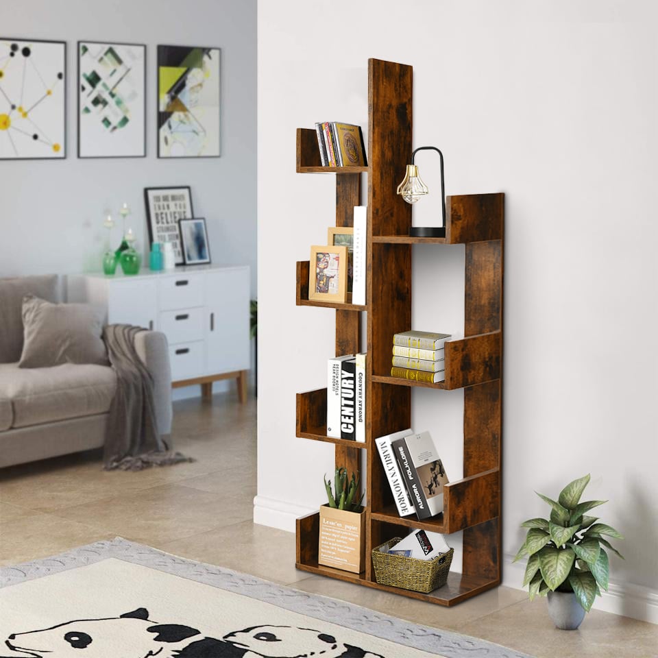 Tree-Shaped Bookshelf with 8 Storage Shelves-Rustic Brown