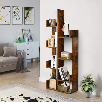 Tree-Shaped Bookshelf with 8 Storage Shelves-Rustic Brown