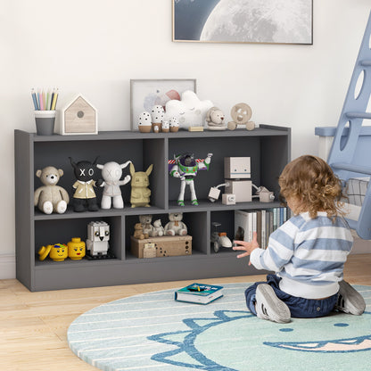 2-Tier Wooden Kids Bookcase with 5 Compartments for Playroom Study-Grey