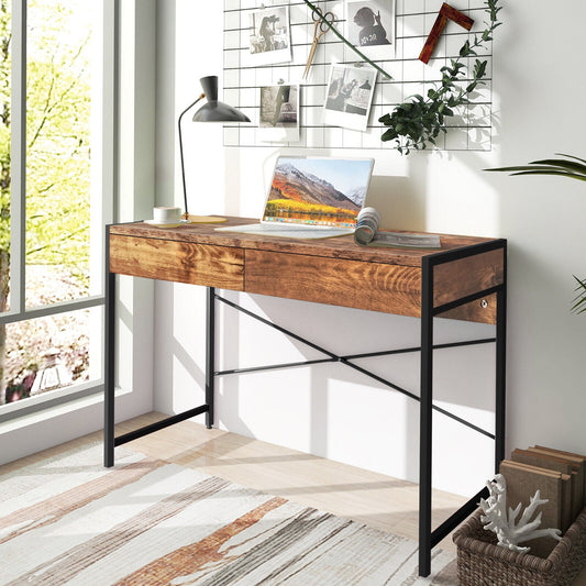 112 x 48 x 76cm Wooden Study Computer Desk with 2 Drawers-Rustic Brown