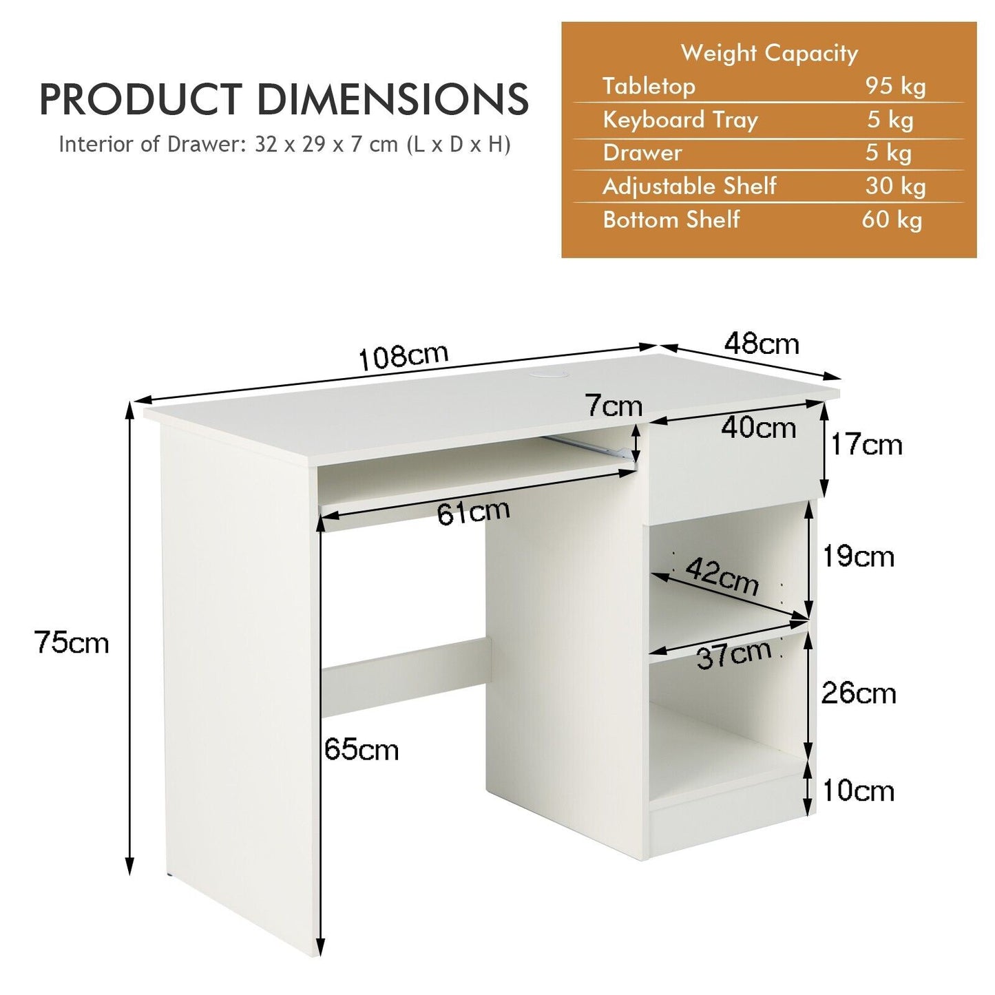 Modern Wooden Office Computer Desk with Keyboard Tray-White