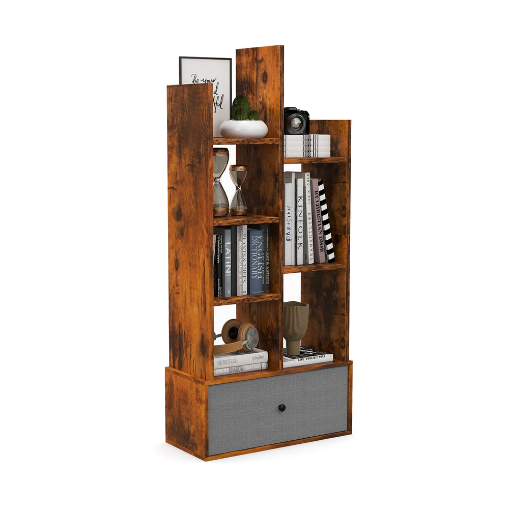 7-Tier Wooden Bookshelf with Folding Drawer for Study Living Room-Rustic Brown