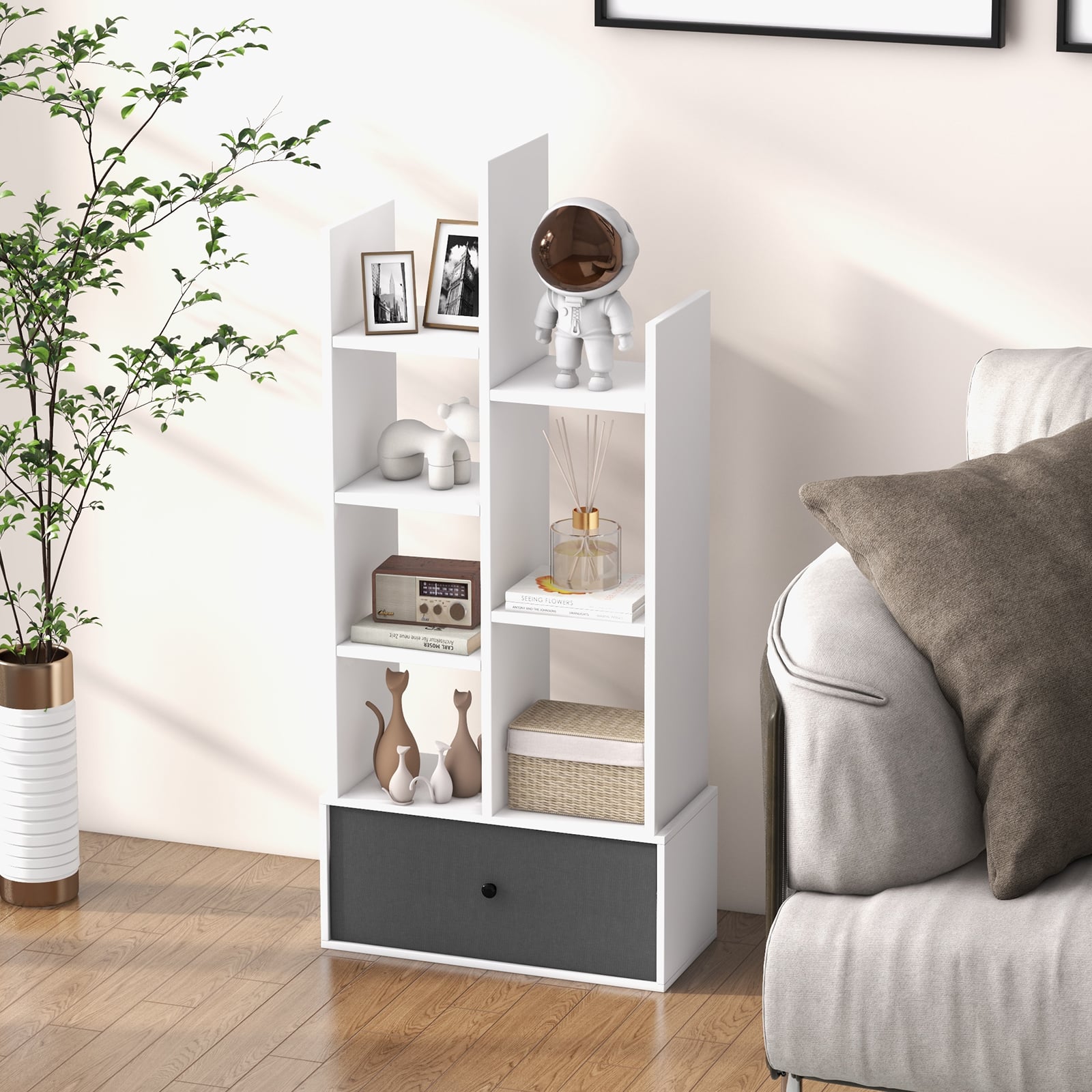 7-Tier Wooden Bookshelf with Folding Drawer for Study Living Room-White