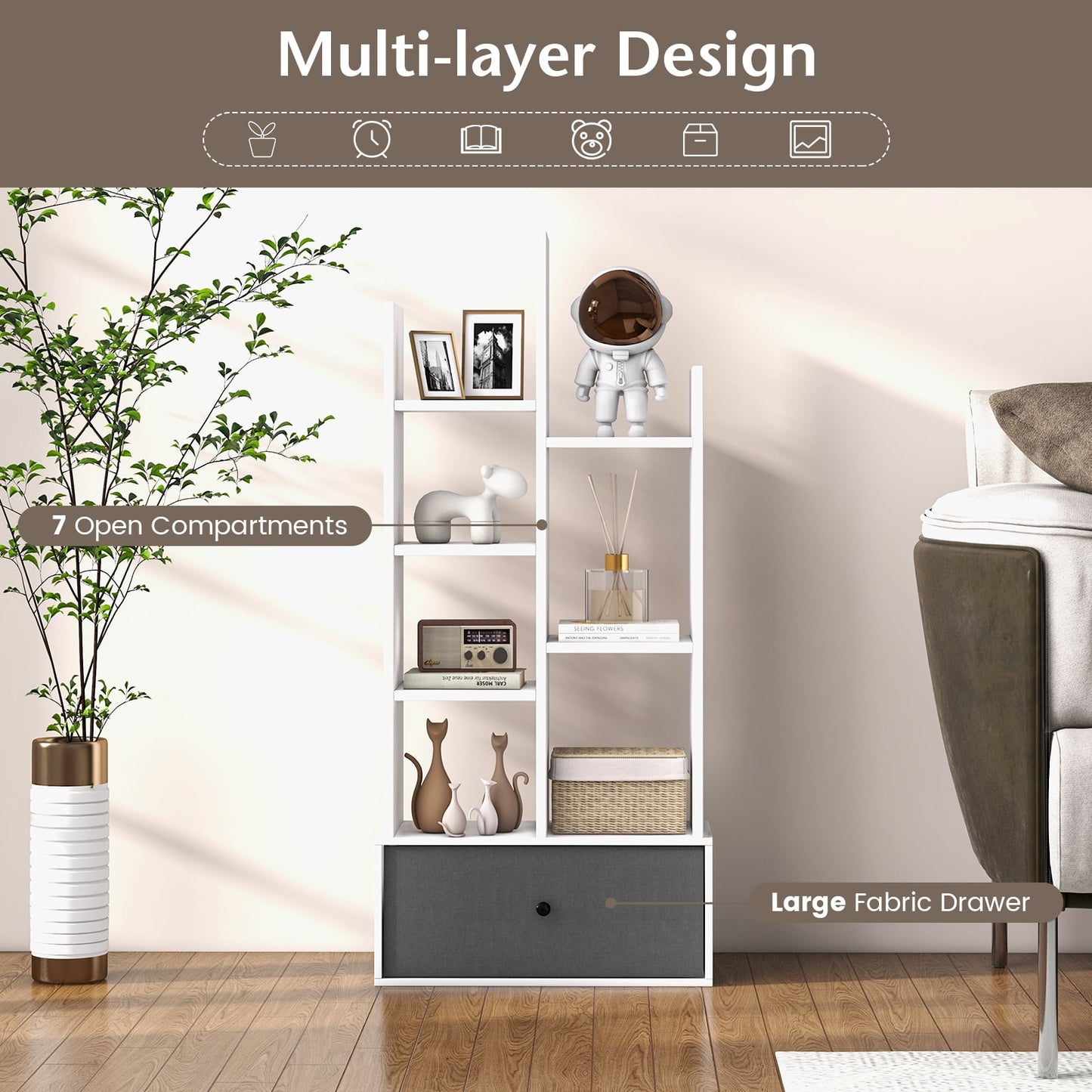 7-Tier Wooden Bookshelf with Folding Drawer for Study Living Room-White