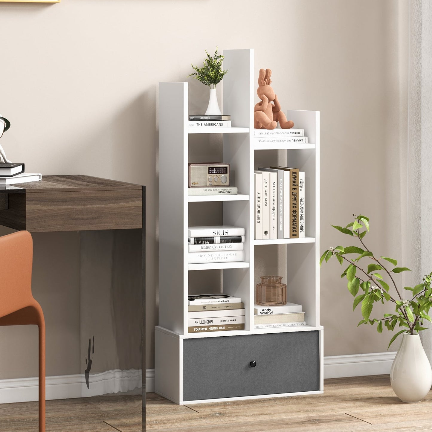7-Tier Wooden Bookshelf with Folding Drawer for Study Living Room-White