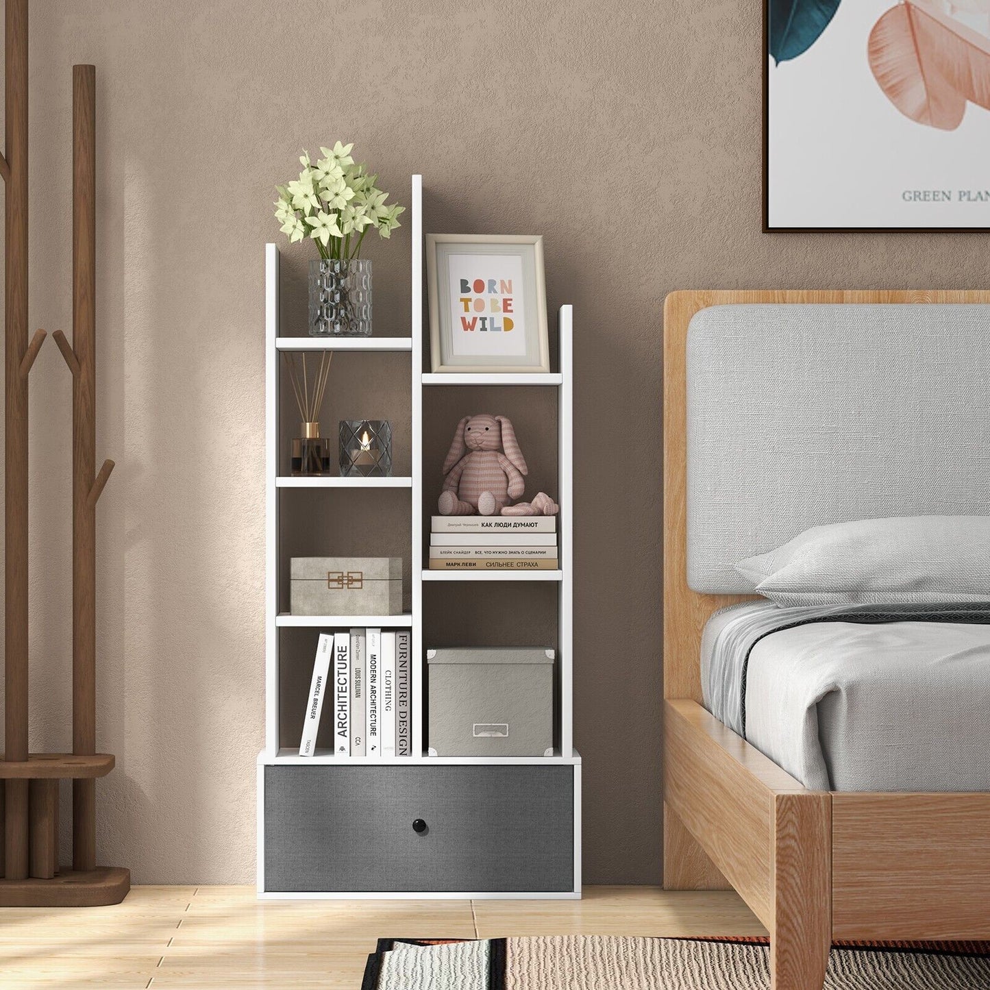 7-Tier Wooden Bookshelf with Folding Drawer for Study Living Room-White