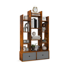 12-Tier Wooden Bookshelf with Folding Drawer for Study Living Room-Brown