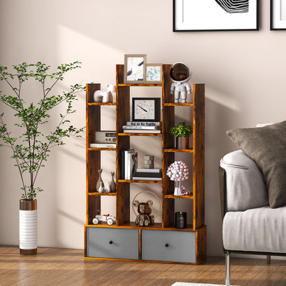 12-Tier Wooden Bookshelf with Folding Drawer for Study Living Room-Brown