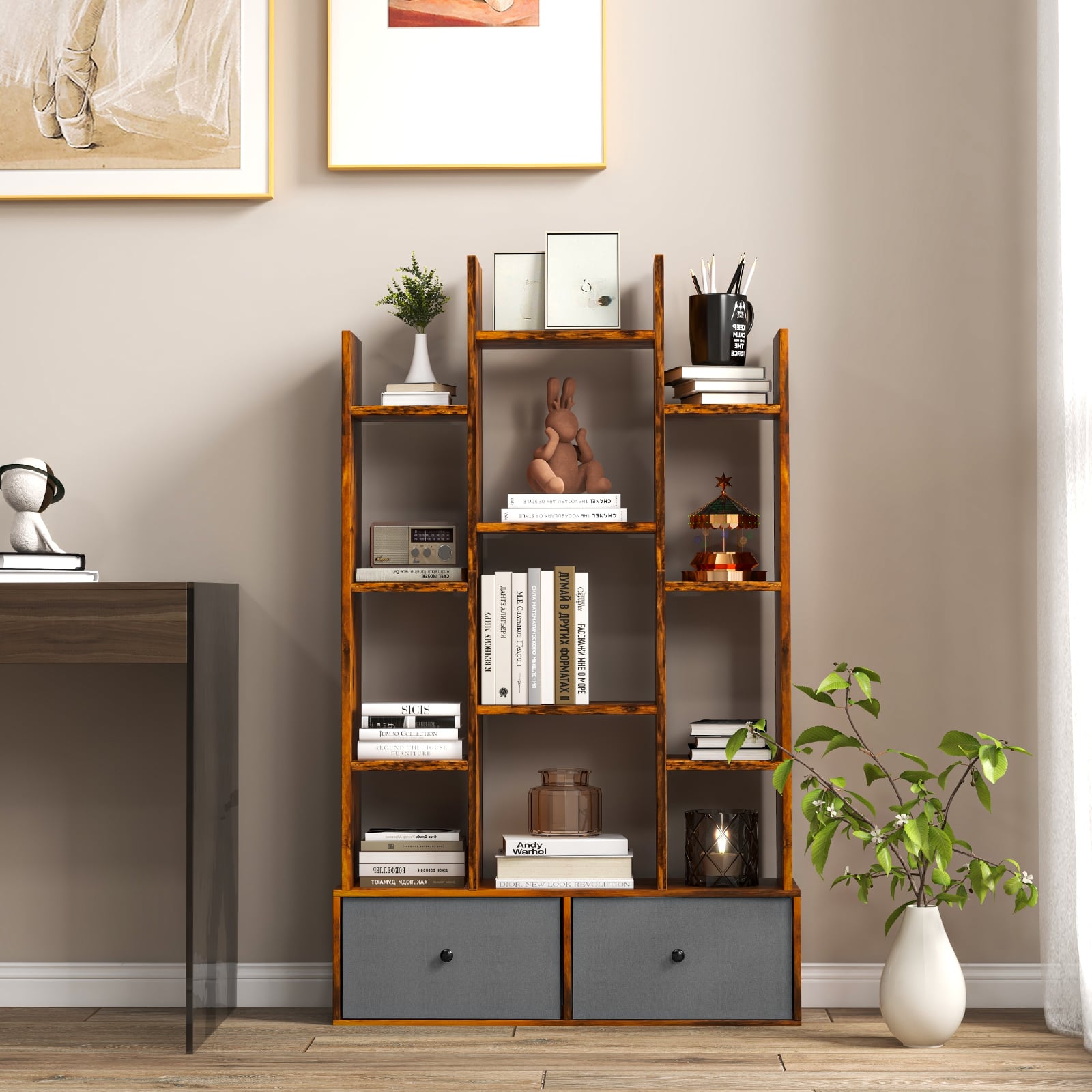 12-Tier Wooden Bookshelf with Folding Drawer for Study Living Room-Brown