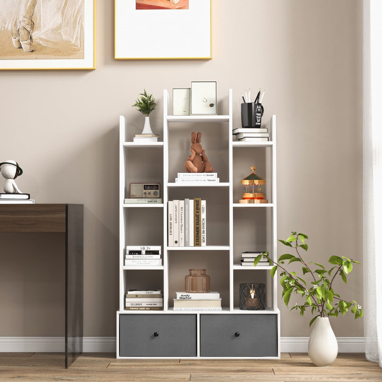 12-Tier Wooden Bookshelf with Folding Drawer for Study Living Room-White
