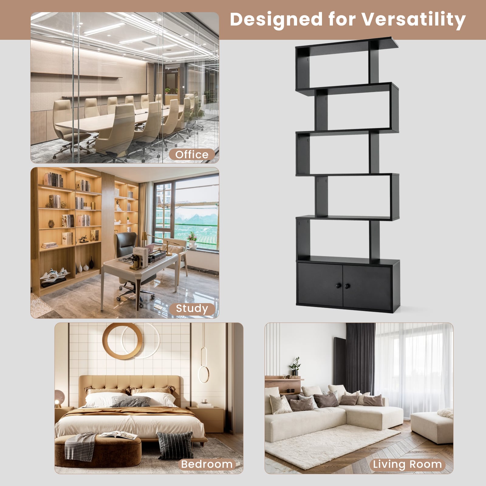 Industrial S-Shaped 5-tier Bookcase with Cabinet-Black