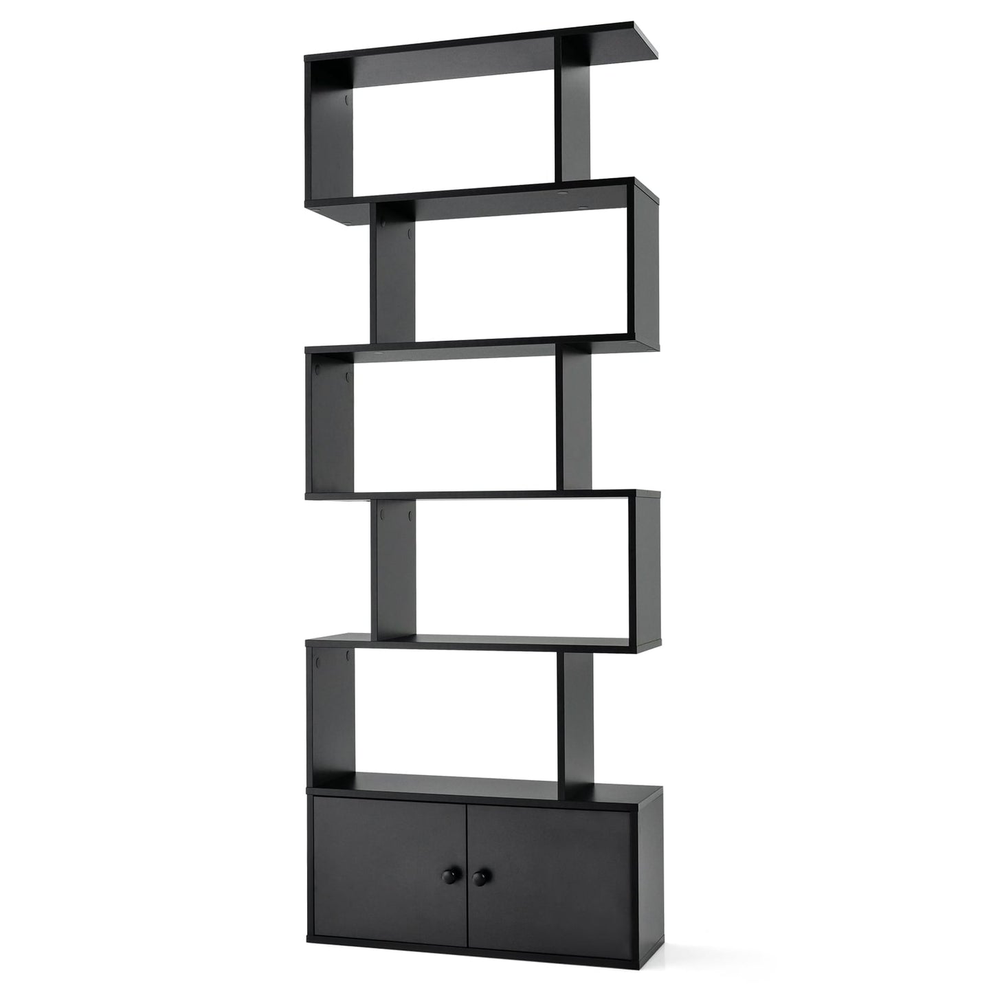 Industrial S-Shaped 5-tier Bookcase with Cabinet-Black