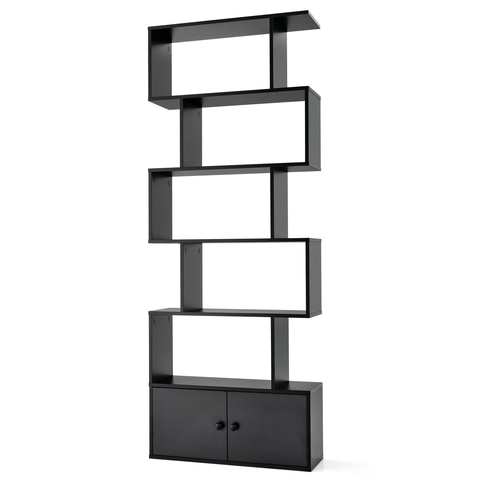 Industrial S-Shaped 5-tier Bookcase with Cabinet-Black