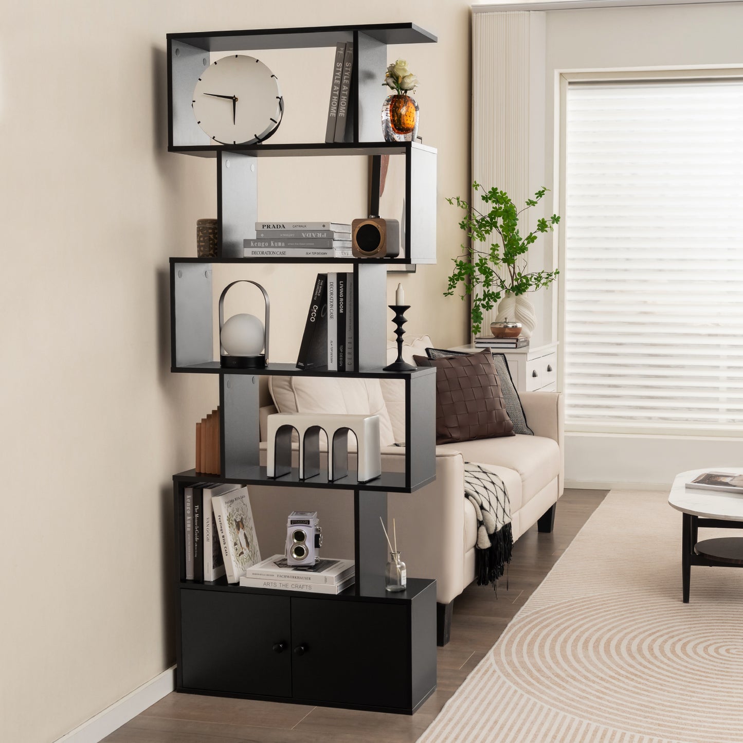 Industrial S-Shaped 5-tier Bookcase with Cabinet-Black