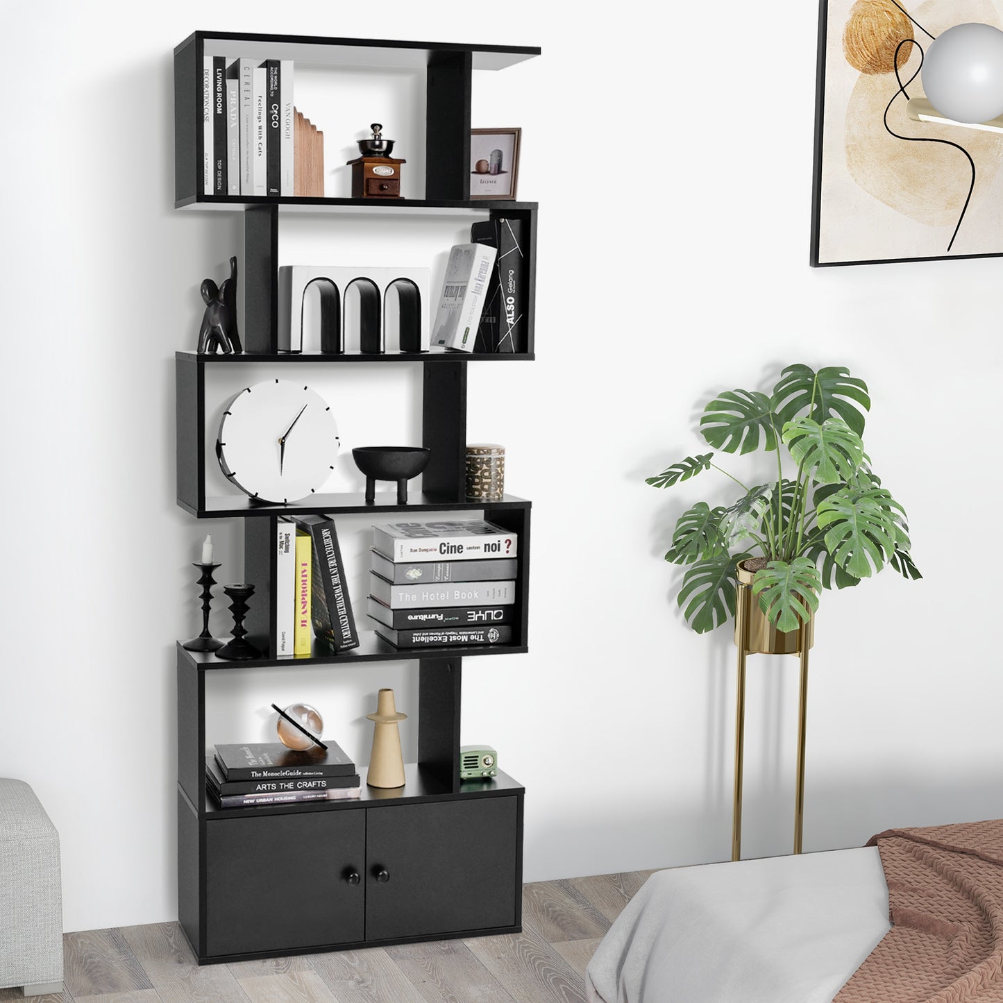 Industrial S-Shaped 5-tier Bookcase with Cabinet-Black