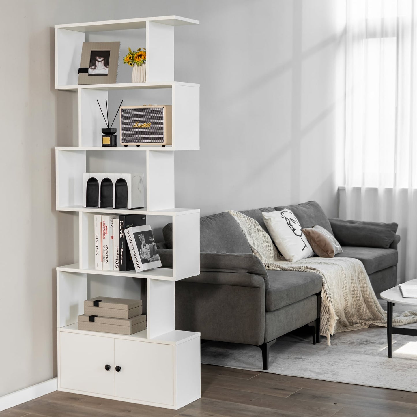 Industrial S-Shaped 5-tier Bookcase with Cabinet-White