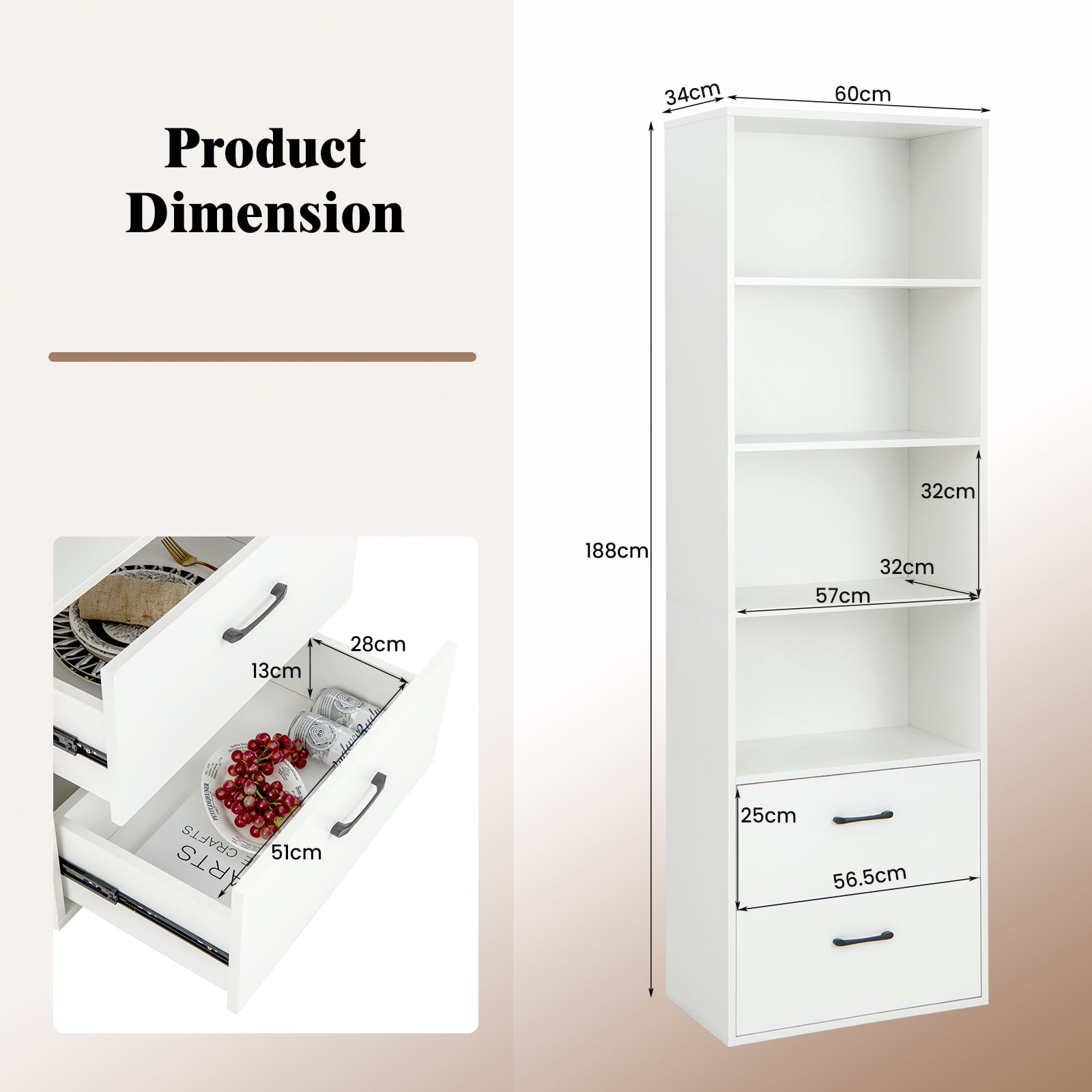 6-Tier Modern Wooden Bookshelf with 4 Open Shelves and 2 Drawers-White
